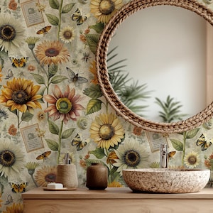 Sonnenblumen-Tapete, Vintage-Blumengarten-Wandbild schälen und aufkleben, botanisches Gänseblümchen-Wanddekor, Waldpflanzen mit gelben Blumen, Badezimmerwandbild