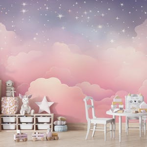 Pink Clouds Kids Wallpaper Peel and Stick,purple Sky Mural for Kids ...