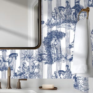 French Toile Wallpaper Peel and Stick,Blue Toile De Jouy Wall Mural,Farmhouse Wallpaper,Retro Countryside Wall Decor,Chinoiserie Pattern