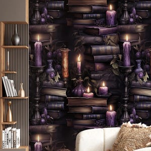 Dark Gothic Wallpaper with Candles,Mystic Night Wall Mural Peel and Stick,Wizard Wall Decor,Witchcraft Art with Books,Bookshelf Wallpaper