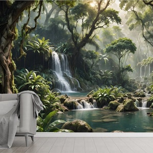 Tropischer Wald zum Schälen und Aufkleben, Tapete, Dschungel Wandbild, Exotische Bäume Wanddekoration, Abnehmbarer Wasserfall Botanische Wandkunst, Natur Tapete