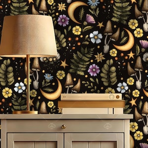 Magic Night Wallpaper Peel and Stick,Dark Botanical Mural Peel and Stick,Moody Floral Wall Decor,Witchcraft Wall Art,Mystic Flowers Wall Art