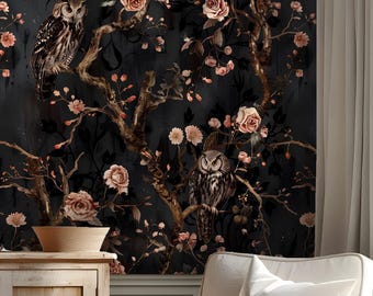Dark Gothic Wallpaper Peel and Stick,Owls and Pink Roses Mural,Floral Wallpaper on Black Background Removable,Night Wall Decor Self-adhesive