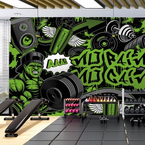 Gym Wallpaper Peel and Stick,Fitness Center Mural,Body Building Wall Decor,Dumbbell Graffiti Art,Sports Mural,Weight Lifting Wallpaper