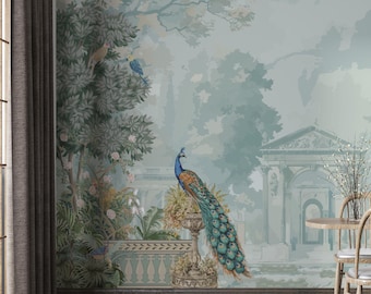 Mughal Garden Wallpaper,Jaipur Peacock Mural Peel and Stick,Indian Wall Decor,Chinoiserie Wall Art,Asian Botanical Wallpaper,Tropical Mural
