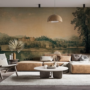Vintage Landscape Wallpaper Peel and Stick,Rural Scene Mural,Pastoral Wall Art with Trees and River,Gift for Home,Living Room Wallpaper