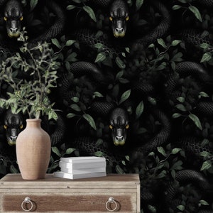 Black Botanical Mural with Serents,Gothic Snakes Wallpaper,Medieval Dark Wall Decor,Whimsical Secret Garden Wall Art,Moody Floral Decor