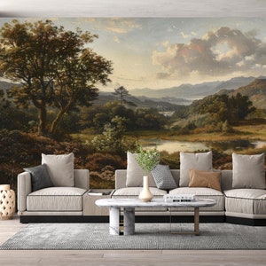 Rural Landscape Wallpaper Peel and Stick,Vintage Scene Mural,Pastoral Wall Art with Trees and River,Gift for Home,Living Room Wallpaper