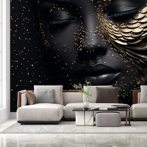 Carta da parati astratta con volto di donna, stacca e attacca, murale moderno in oro nero, ritratto femminile scuro, autoadesivo, murale di moda di lusso personalizzato