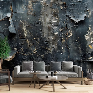 Papel tapiz texturizado negro despegable y adhesivo, mural de papel viejo gris oscuro, decoración de pared con pintura descascarada, arte de pared de hormigón azul marino, papel tapiz de estilo melancólico no tejido