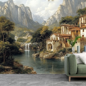 Victorian Landscape Wallpaper Peel and Stick,Vintage Rural Scene Mural,Pastoral Countryside Wall Art with Trees and River,Panoramic Mural
