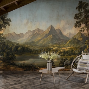 Rural Landscape Wallpaper Peel and Stick,Vintage Mountain Scene Mural,Pastoral Wall Art with Trees and River,Living Room Wall Decor