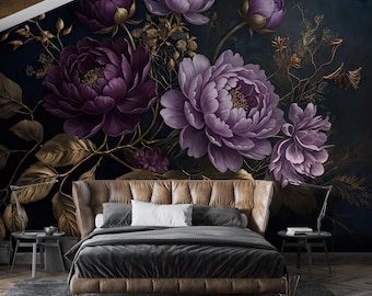 Papel tapiz de peonías moradas y doradas, autoadhesivo, mural floral abstracto de gran tamaño, elegante decoración para dormitorio.