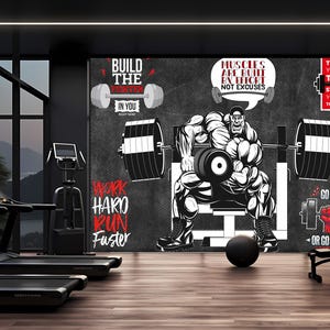 Gym Center Wallpaper Peel and Stick,Fitness Wall Mural,Body Building Wall Decor,Dumbbell Graffiti Art,Sports Mural,Weight Lifting Wallpaper