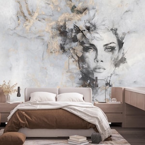 Carta da parati astratta con volto di donna, stacca e attacca, murale moderno grigio oro, arte murale con ritratto femminile autoadesiva, carta da parati di lusso personalizzata