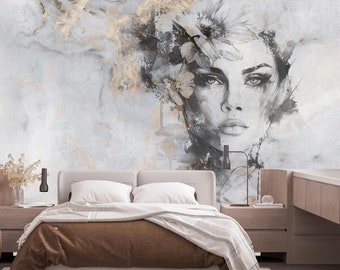 Abstract Woman Face Wallpaper Peel and Stick,Modern Gray Gold Mural,Female Portrait Wall Art Self-adhesive,Custom Luxury Fashion Wallpaper