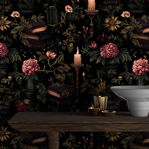 Dark Gothic Wallpaper with Candles,Mystic Floral Wall Mural Peel and Stick,Black Botanical Wall Decor,Witchcraft Night Art with Books