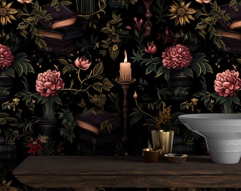 Papel tapiz gótico oscuro con velas, mural de pared floral místico autoadhesivo, decoración de pared botánica negra, arte nocturno de brujería con libros.
