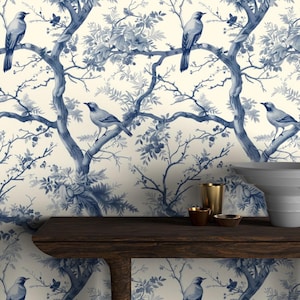 Carta da parati French Toile, murale Toile de Jouy con uccelli stacca e attacca, decorazione da parete per camera da letto vintage, murale con motivo naturale tradizionale