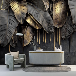 Carta da parati 3D con foglie tropicali nere e dorate, stacca e attacca, murale con albero di banano, decorazione murale con foglie esotiche, arte murale in cemento grigio, carta da parati botanica