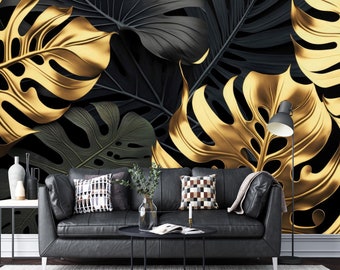Gold Tropical Leaves Peel and Stick Wallpaper,Black Monstera Leaf Mural,Big Exotic Plants Wall Decor,Dark Botanical Wall Art Non-woven