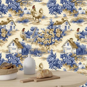 French Toile Wallpaper,Blue Toile de Jouy Mural with Farmhouses Peel and Stick,Vintage Bedroom Wall Decor,Traditional Nature Pattern Mural