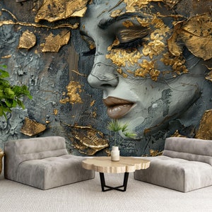 Abstraktes Frauen-Gesichts-Tapeten-Schälen und Stock, Goldfrauen-Porträtwandbild, moderne graue Schönheits-Wandkunst selbstklebend, Luxusmode-Tapete