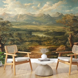 Vintage Scene Wallpaper,Rural Landscape Mural Peel and Stick,Pastoral Wall Art with Trees&River,Natural Mountain Scenic Living Room Wall Art