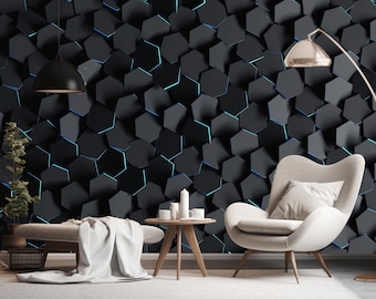 3D Sechseckige Tapete schälen und aufkleben, Schwarzes Geometrisches Büro Wandbild, Blaue Honigwabe Luxus Wanddekor, Moderne Wandkunst, Geschenk für Zuhause