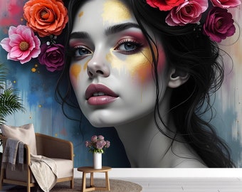 Woman with Flowers Wallpaper Peel and Stick,Female Portrait Mural with Peonies,Hair Salon Wall Decor,Beauty Wall Decor,Fashion Wallpaper