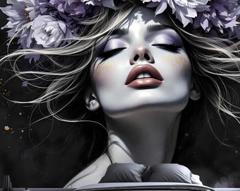 May include: A woman with closed eyes wears a crown of white and purple flowers. Her hair is flowing and she has a soft, ethereal look. The background is black with gold flecks.