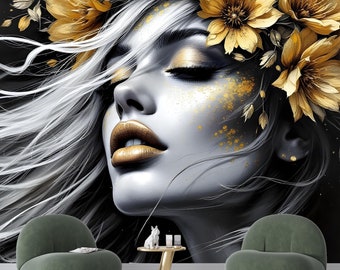 May include: A woman with long, flowing white hair wears a crown of golden flowers. Her eyes are closed and her lips are painted a bright gold. The background is black.