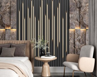 3D-Beleuchtung im Panel-Look, Wandbild aus braunem Marmor, luxuriöse Metallstreifen für Wanddekor, moderne Büro-Tapete