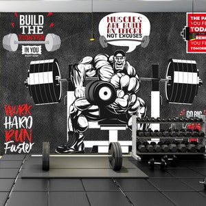 Gym Center Wallpaper Peel and Stick,Fitness Wall Mural,Body Building Wall Decor,Dumbbell Graffiti Art,Sports Mural,Weight Lifting Wallpaper