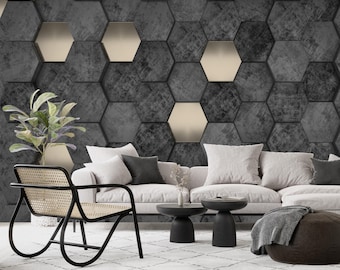 Black Hexagonal Wallpaper,3D Geometric Mural Peel and Stick,Luxury Office Mural,Modern Marble Wall Decor,Gold Abstract Wallpaper