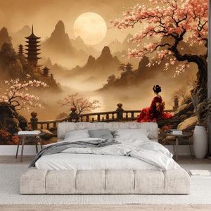Chinoiserie Pagoda Wallpaper Peel and Stick,Cherry Blossoms Vintage Japanese Scene Mural,Geisha Wall Decor,Rustic Landscape Wall Art