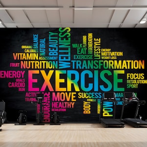 May include: A black wall with colorful text that reads "Exercise" in large letters. The text is surrounded by other words related to fitness, such as "energy", "nutrition", "transformation", "goals", "cardio", "run", "active", "training", "move", "success", "healthy", "resolution", "focus", "sport", "walk", "eat", "motivation", "weight loss", "planning", "regeneration", "lifestyle", "body", "performance", "pow", "mar", "chie".