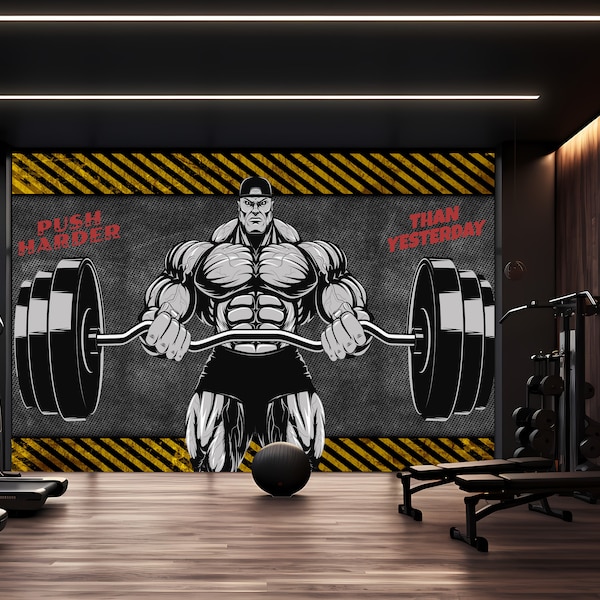 Gym Center Wallpaper Peel and Stick,Fitness and Body Building Mural,Dumbbell Wall Decor,Weight Lifting Wallpaper Self-adhesive,Sports Mural