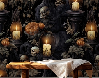 Pumpkin Gothic Wallpaper,Moody Skulls Mural with Candles,Halloween Peel and Stick Wall Decor,Night Wall Art,Dark Botanical Mural