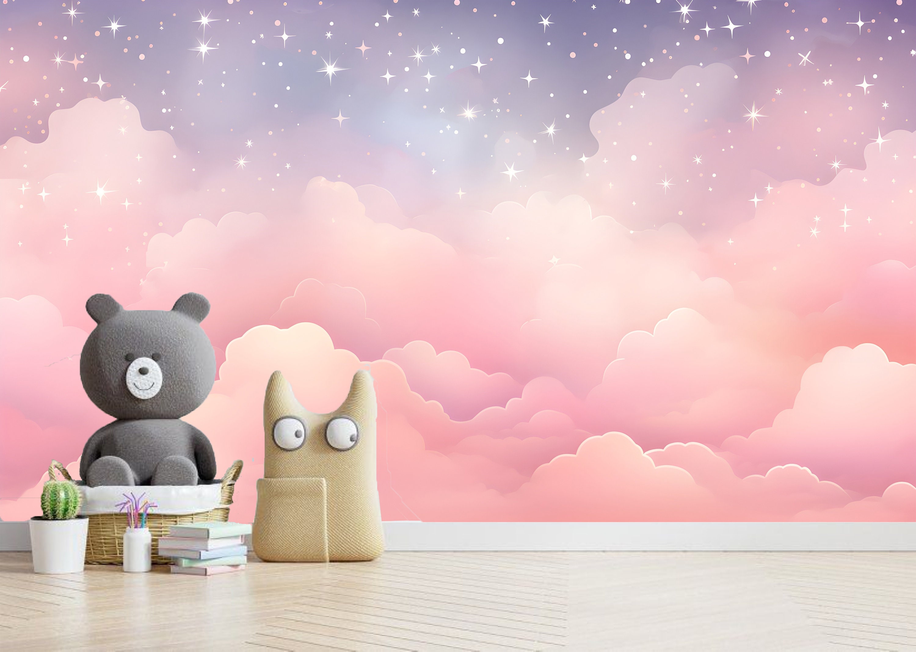 Pink Clouds Kids Wallpaper Peel and Stick,sky Mural for Kids Room