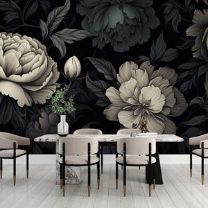Dark Floral Wallpaper Peel and Stick,Black White Peonies Wall Mural,Big Flowers Wall Decor,Black Background Bedroom Wall Art Self-Adhesive