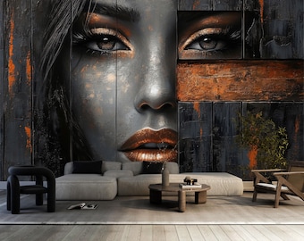 Abstract Woman Face Wallpaper Peel and Stick,Modern Black Gold Mural,Female Portrait Wall Art Self-adhesive,Custom Luxury Fashion Wallpaper