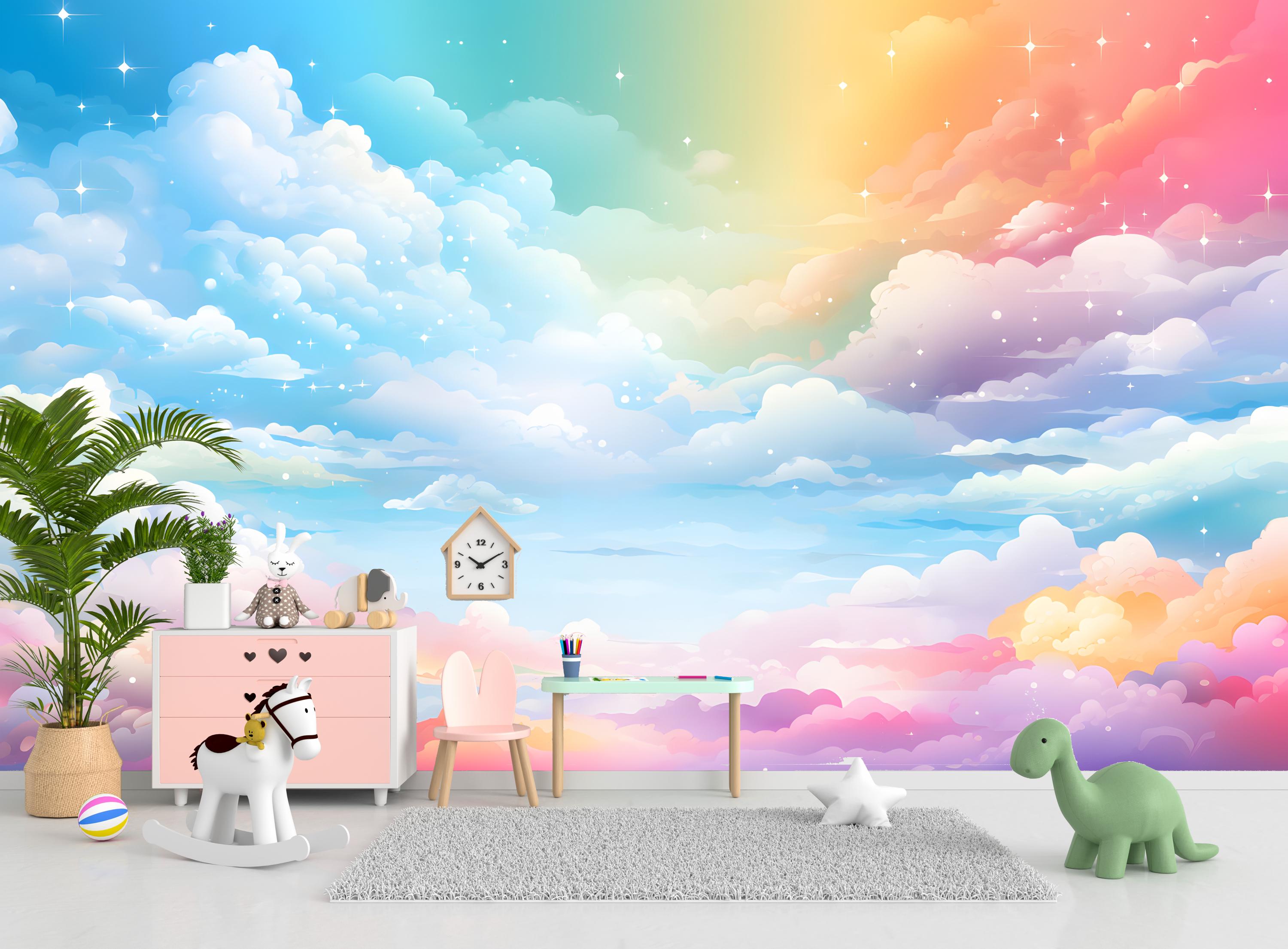 Rainbow Clouds Kids Wallpaper Peel and Stick,blue Sky Mural for Girls ...