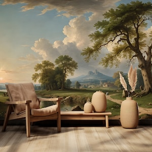 Rural Landscape Wallpaper Peel and Stick,Countryside Mural,Vintage Pastoral Wall Art with Trees River,Gift for Home,Living Room Wallpaper
