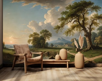 Ländliche Landschaftstapete zum Schälen und Aufkleben, Landschaftswandbild, Vintage Pastoral Wandkunst mit Bäumen Fluss, Geschenk für Haus, Wohnzimmer Tapete