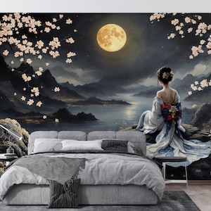 Chinoiserie Wallpaper Peel and Stick,Cherry Blossoms Vintage Japanese Scene Mural,Geisha Wall Decor,Rustic Landscape Wall Art