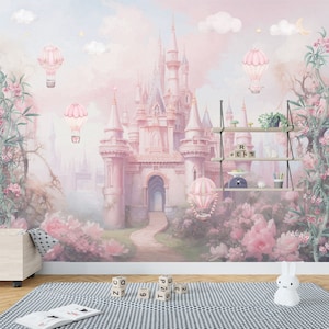 Carta da parati per bambini con castello delle fiabe, murale con nuvole rosa e fiori per la stanza delle bambine, carta da parati con simpatiche mongolfiere per la cameretta dei bambini