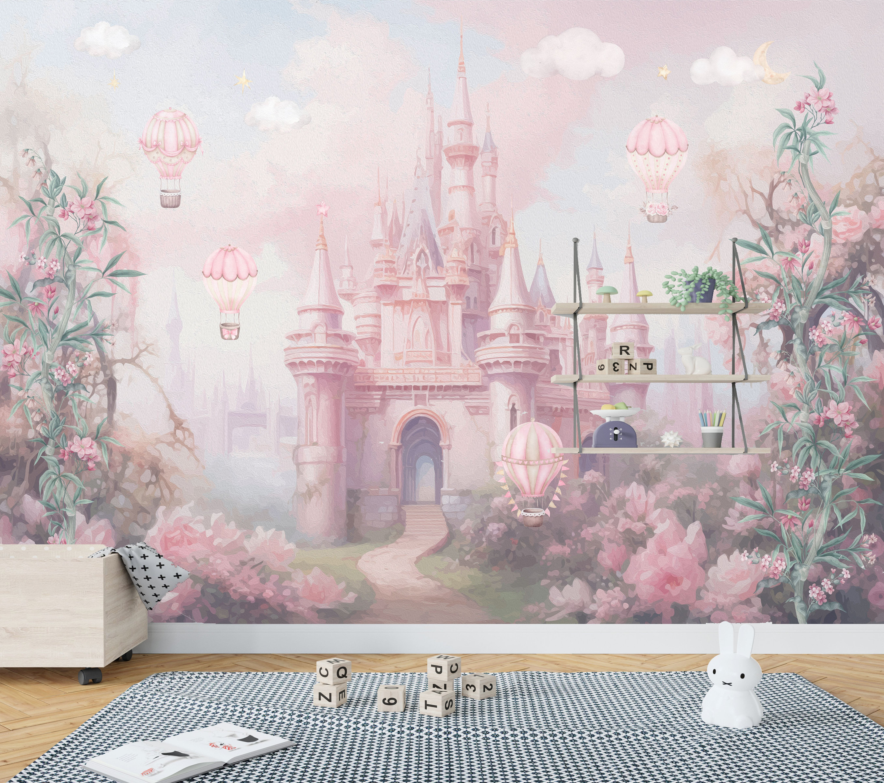 Fairy Tale Castle Kids Wallpaper Peel and Stick,pink Clouds and Flowers ...