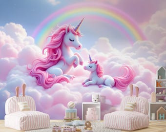 Einhorn Kindertapete zum Schälen und Aufkleben, Rosa Wolken Wandbild, Kinderzimmer Regenbogen Wanddekoration
