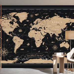 Dark World Map Wallpaper Peel and Stick,Continents Mural Wall for Office,Countries Wallpaper on Black Background,Removable Bedroom Wallpaper